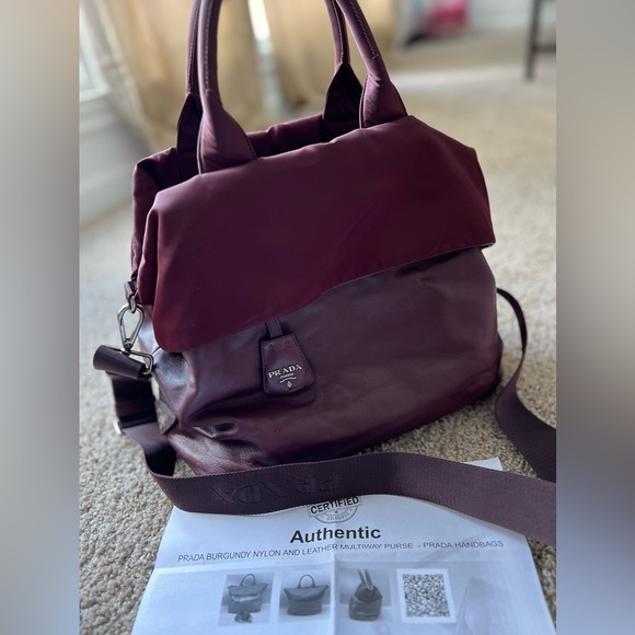 Authentic Prada bag Nylon Leather Tessuto Reversible‎ crossbody strap burgundy - Picture 1 of 16